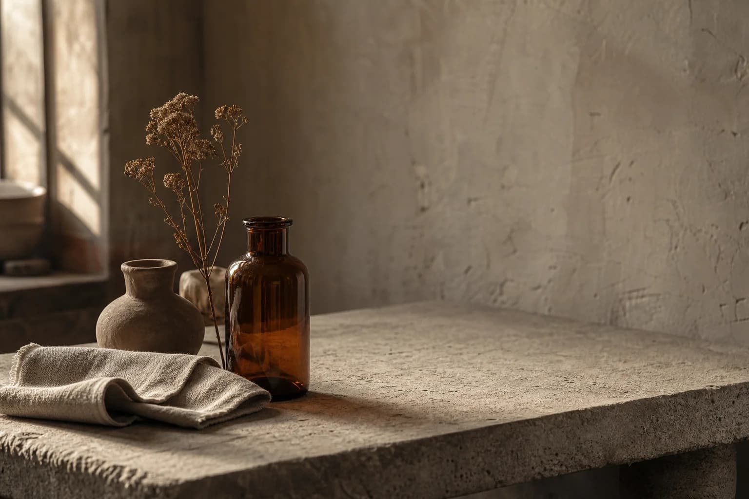 Raw materials resting on a concrete workbench in the Korela workshop