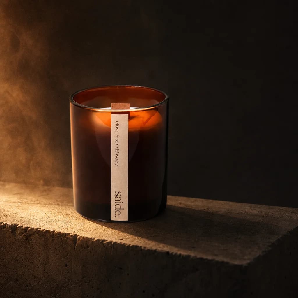 Large amber wood wick soy candle lit on a warm stone ledge
