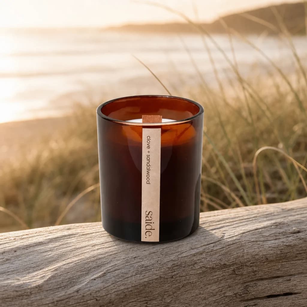 The amber candle on weathered driftwood at sunrise
